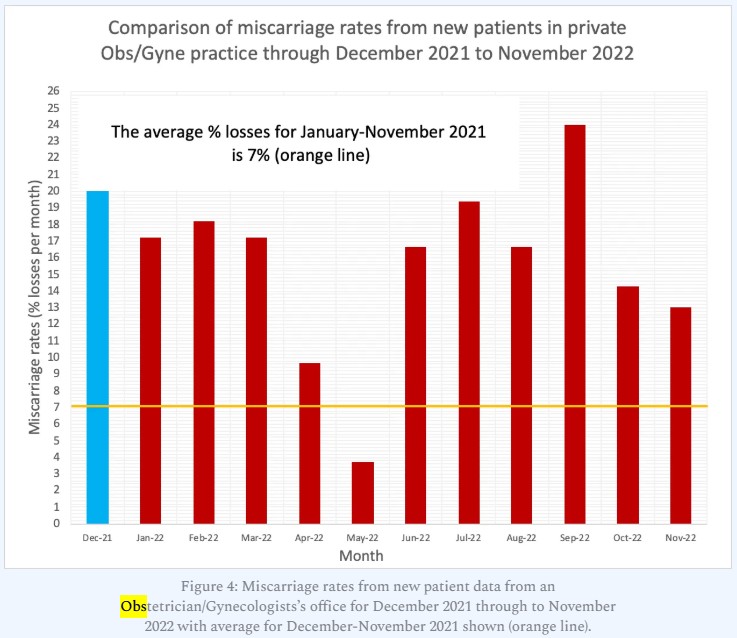 Monthly miscarriage rates from December 2021 through November 2022, with an orange line marking the 7% average for December 2021–November 2021